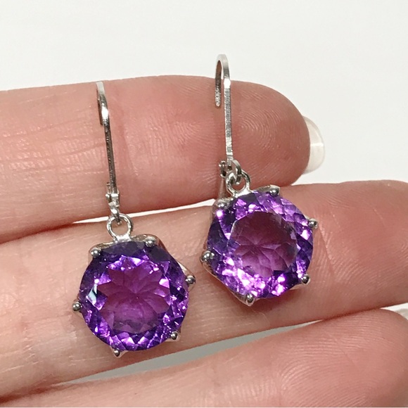Artist Signed A 12mm Amethyst Round Cut 925 Sterling Silver Drop Earrings - Picture 10 of 17